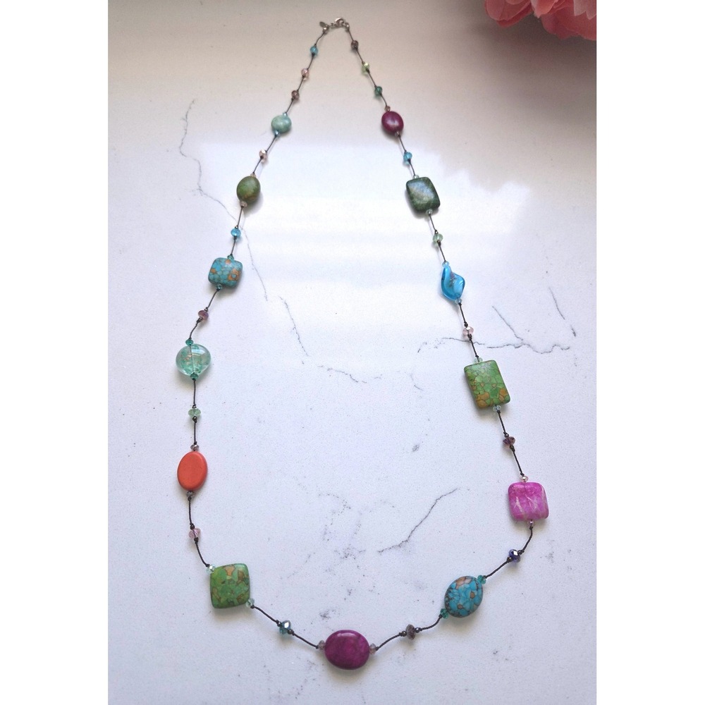 Premier Designs Long Station Necklace Multi Color Mixed Stone Glass Bead 36 Inch